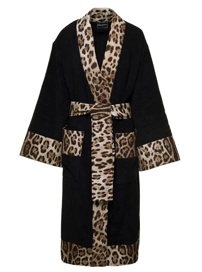 Dolce & Gabbana Black Kimono Bathrobe With Leopard Trim In Cotton