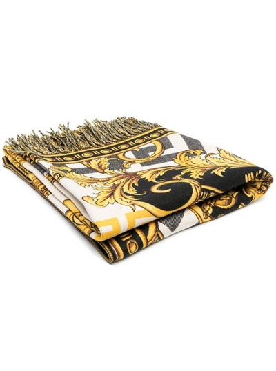 VERSACE WHITE / GOLD / BLACK WOOL BLANKET WITH ALL OVER BAROQUE PRINT