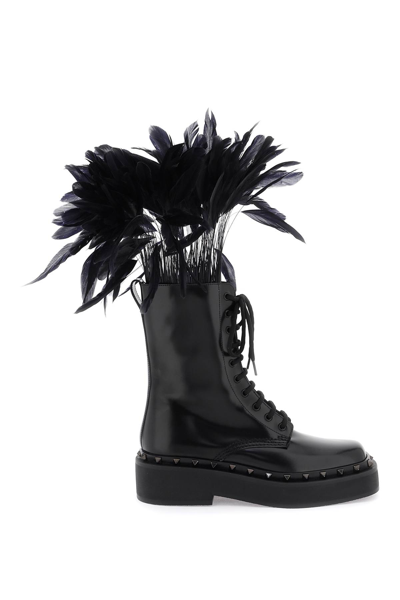 Valentino Garavani Rockstud M-way Combat Boot In Calfskin With Feathers 50mm Woman Black 38