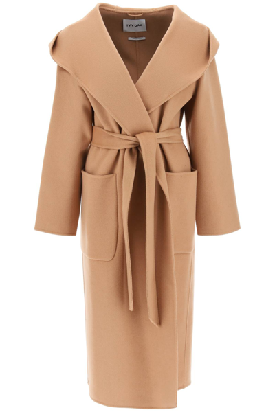 Ivy & Oak V-neck Belted Wool Coat In Beige