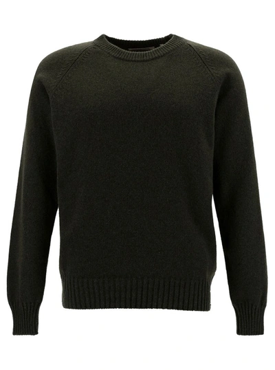 La Fileria Green Crewneck Sweater With Ribbed Trims In Cashmere And Wool In Black