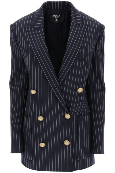 Balmain Pinstriped Double-breasted Blazer In Blue