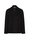 VALENTINO MEN'S TECHNICAL WOOL CLOTH PEACOAT WITH RUBBERIZED V DETAIL