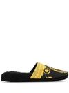 VERSACE BLACK HOUSE SLIPPERS IN COTTON AND TERRY WITH GOLD EMBROIDERED LOGO ON THE TOE