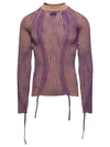 BLUEMARBLE BEIGE AND VIOLET HAND-PAINTED RIB SWEATER WITH DRAWSTRING IN WOOL