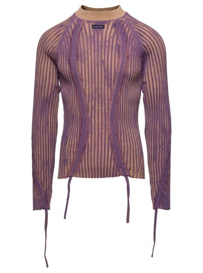 Bluemarble Beige And Violet Hand-painted Rib Sweater With Drawstring In Wool In Pink