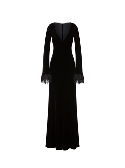Alberta Ferretti Velvet Dress With Lace Ruffles In Black