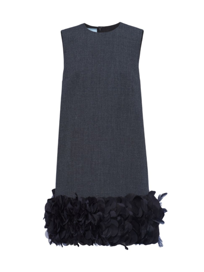 Prada Mat Feather-hem Mini Dress With Crystal Buttons In Grey