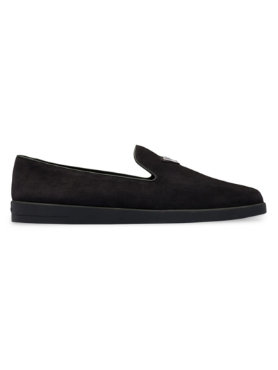 Prada Suede Loafers With Round Toe And Velvet Texture In Black