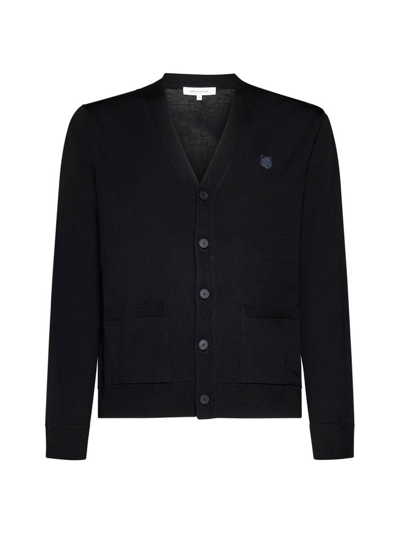 Maison Kitsuné Fox Head Patch Knitted Cardigan In Black