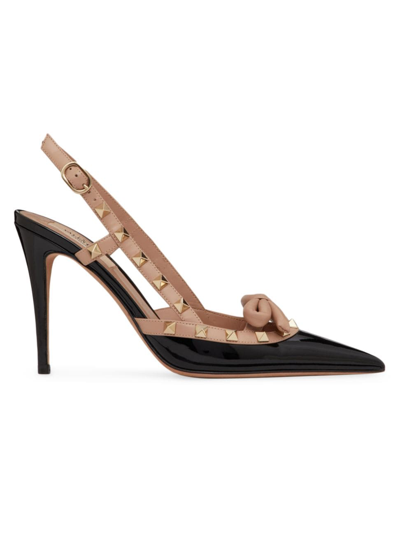 Valentino Garavani Rockstud Bow Slingback Patent Leather Pump 100mm Woman Black 39 In Black,rose Cannelle