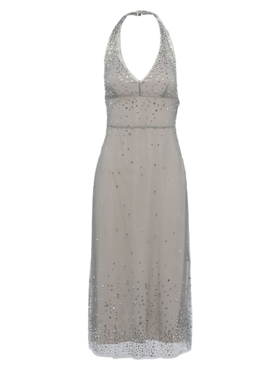 Prada Embroidered Tulle Halter Dress In F073x Granito