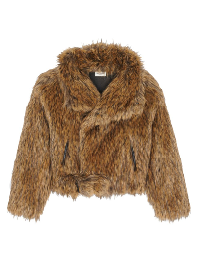 Saint Laurent Men's Asymmetrical Jacket In Animal-free Fur In Roux Et Noir