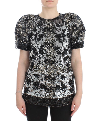 Dolce & Gabbana Black Sequined Crystal Embellished Top Blouse In Silver