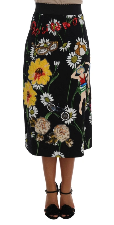 Dolce & Gabbana Black Embellished Daisy Brocade Skirt In Multicolor