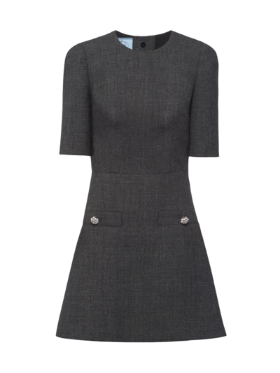 Prada Matt Wool Mini Dress With Crystal Buttons In Slate Gray