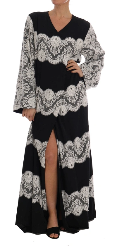 Dolce & Gabbana Black Silk Floral Lace Kaftan Dress In Black/white