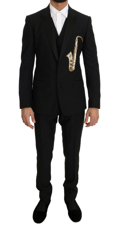 Dolce & Gabbana Elegant Black Three-piece Suit With Saxophone Men's Embroidery