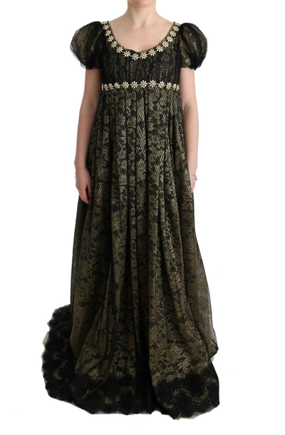 Dolce & Gabbana Sunflower Lace Crystal Maxi Shift Women's Dress In Black