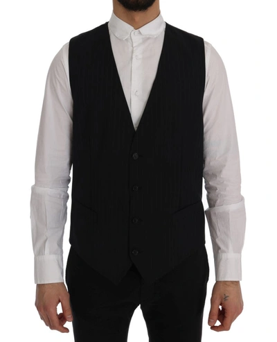 Dolce & Gabbana Black Staff Wool Striped Vest In Blue