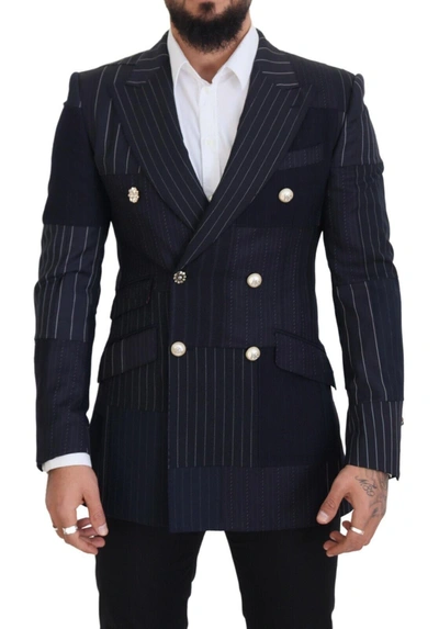 Dolce & Gabbana Blue Wool Patchwork Double Breasted Blazer In Navy Blue
