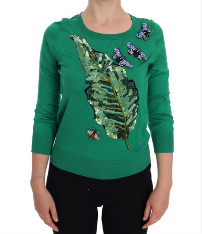 DOLCE & GABBANA DOLCE & GABBANA EMBELLISHED GREEN SILK PULLOVER WOMEN'S SWEATER