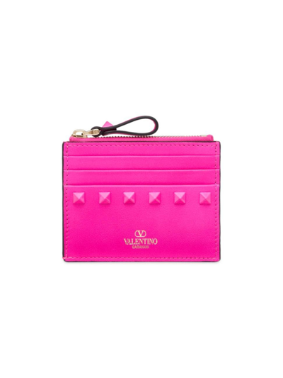 Valentino Garavani Women's Rockstud Calfskin Cardholder With Zipper In Pink