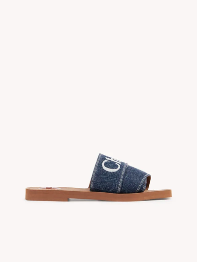 CHLOÉ DENIM BLUE COTTON SLIDES WOODY SANDALS