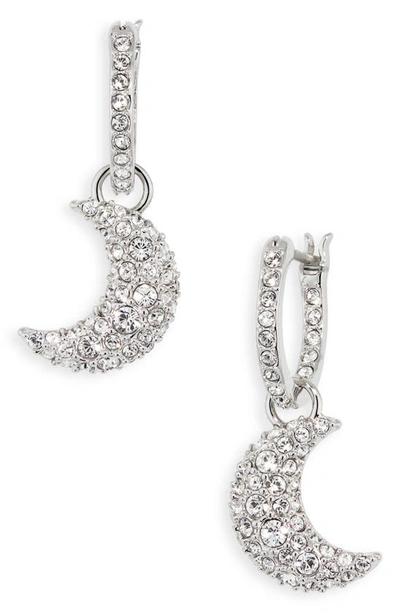 Swarovski Rhodium-plated Pave Moon Charm Hoop Earrings In Silver