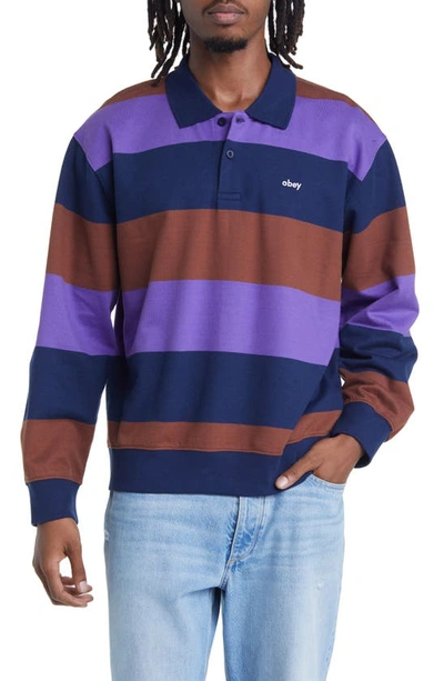 Obey Liam Stripe Long Sleeve Polo Sweatshirt In Academy Navy Multi
