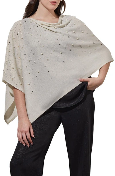 Ming Wang Imitation Pearl & Bead Detail Wool & Cashmere Poncho In White