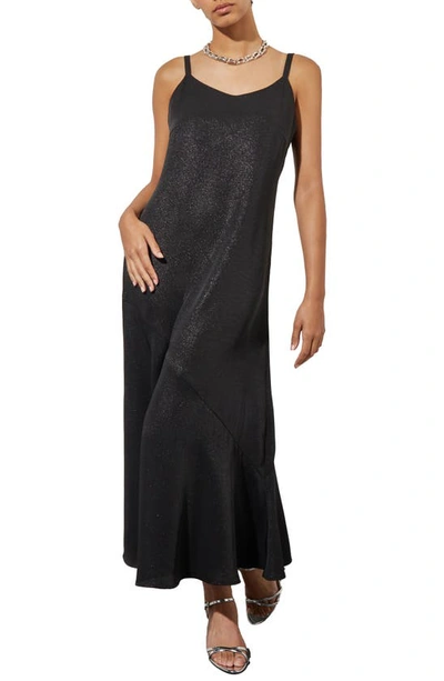 Ming Wang Shimmer Woven Midi Dress In Black/ Silver