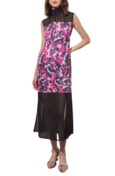 Ming Wang Abstract Floral Mixed Media Midi Dress In Mlby/ Gnt/ Biv