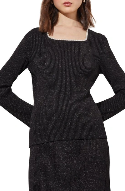 Ming Wang Imitation Pearl Collar Shimmer Rib Sweater In Black/ Silver