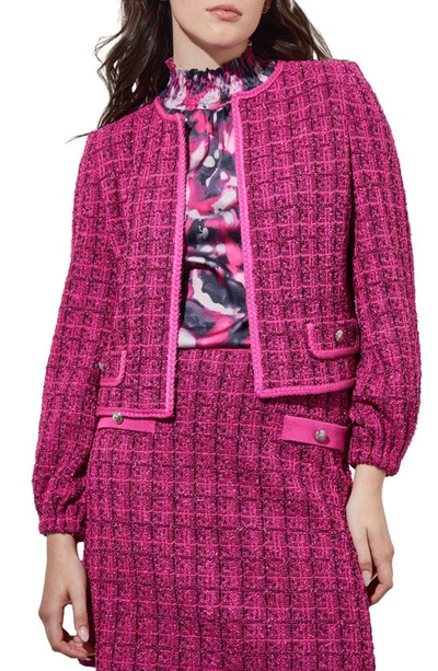 Ming Wang Bishop Sleeve Tweed Jacket In Mulberry/ Blk