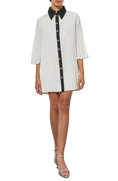 Ming Wang Pleated Mini Shirtdress In White/ Black