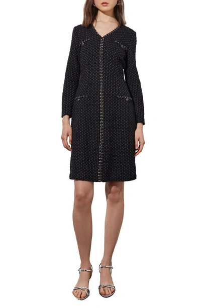 Ming Wang Metallic Braid Detail Long Sleeve Dress In Blk/ Granite