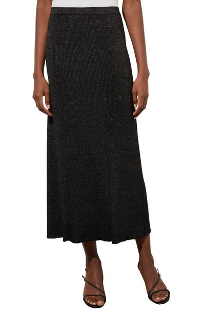 Ming Wang Shimmer Rib Knit Midi Skirt In Black/ Silver