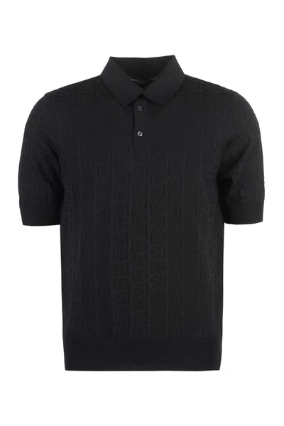 Dolce & Gabbana Silk Monogram Polo Shirt In Black