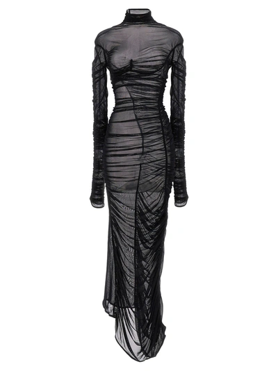 Mugler Draped Mesh Dress In Schwarz