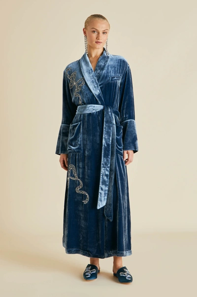 Olivia Von Halle Capability Grace Blue Embellished Silk Velvet Robe