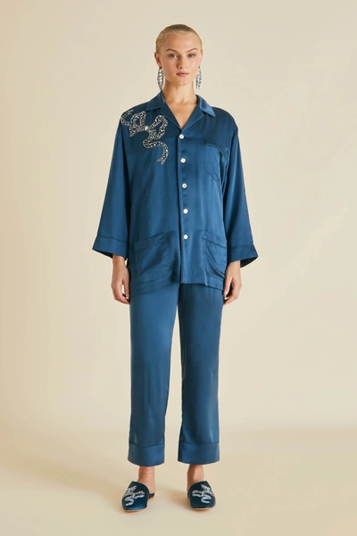 Olivia Von Halle Fifi Grace Blue Embellished Silk Satin Pyjamas