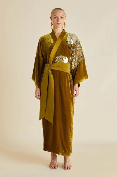 Olivia Von Halle Queenie August Gold Embellished Silk Velvet Robe In Green