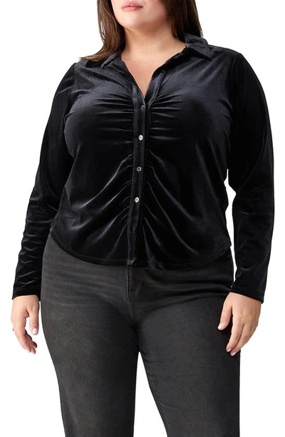 Sanctuary Dreamgirl Ruched Stretch Velvet Shirt In Black