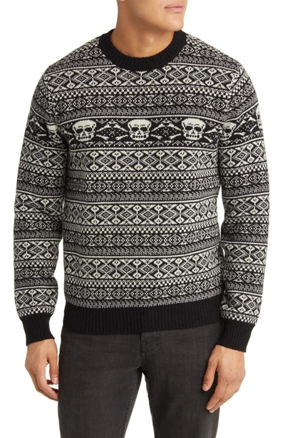Schott Skull Fair Isle Crew Neck Sweater In Black, Men's At Urban Outfitters
