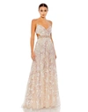 Mac Duggal Embroidered V Neck Long Sleeve Trumpet Gown In Pink