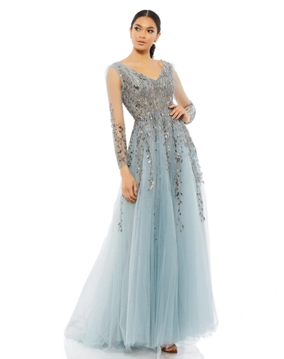 Mac Duggal Long Sleeve A-line Gown In Blue