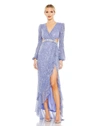 Mac Duggal Sequined Faux Wrap Cut Out Puff Sleeve Gown In Blue