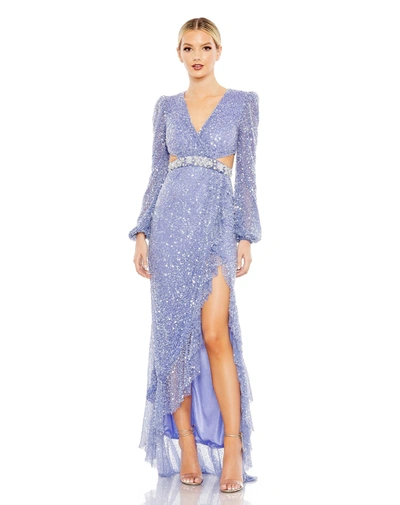 Mac Duggal Sequined Faux Wrap Cut Out Puff Sleeve Gown In Lilac