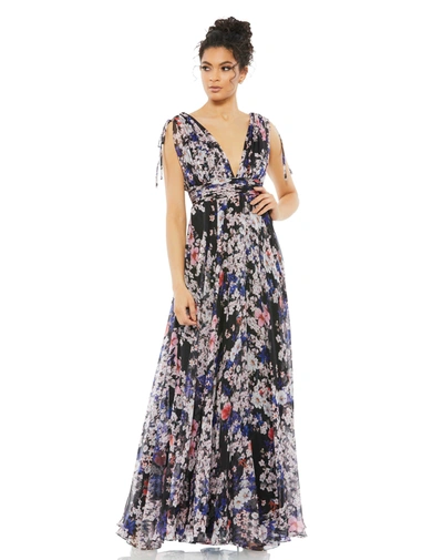 Ieena For Mac Duggal Floral Tie Shoulder V-neck Maxi Dress In Black Multi